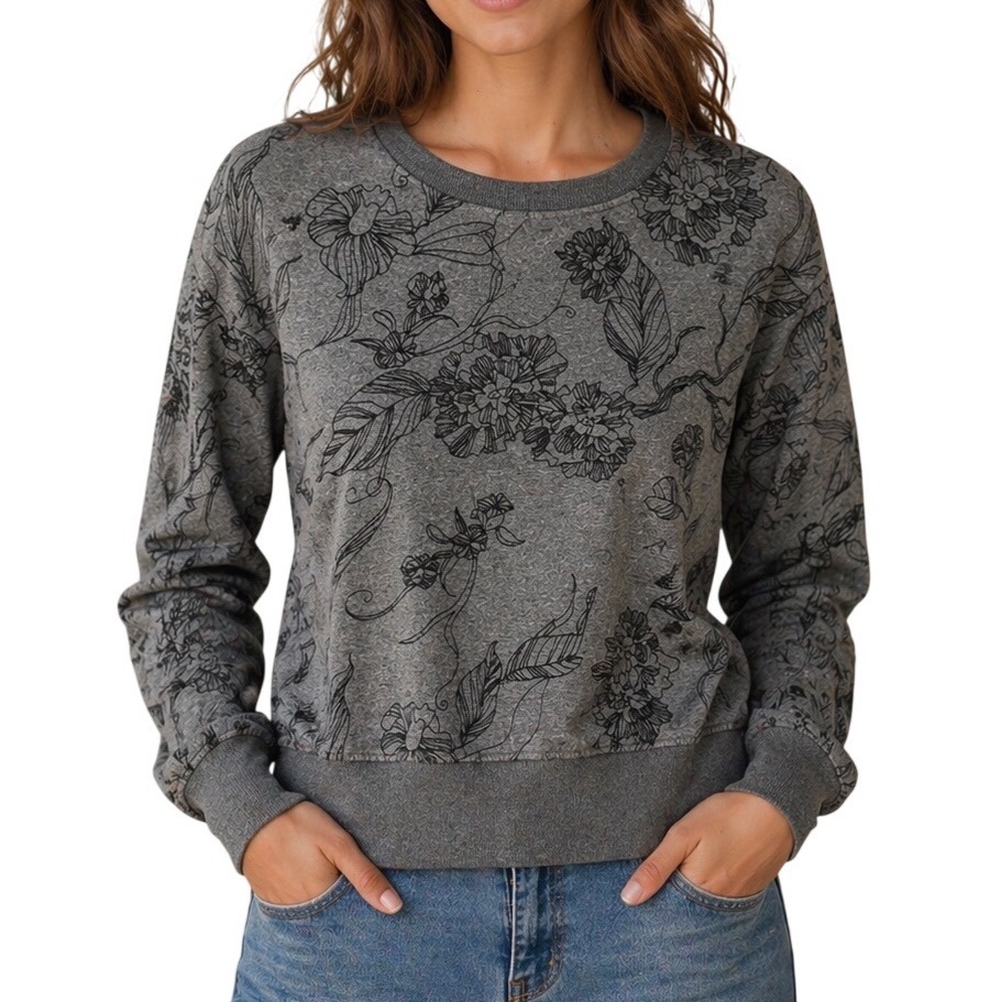 True Religion Gray Floral Botanical Print Crew Neck Sweatshirt Size Xs